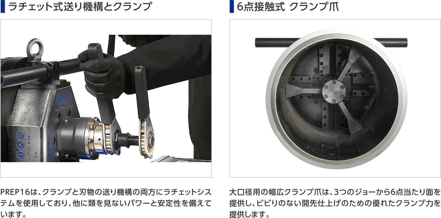 タグ社PREPシリーズ/内径クランプ式大径開先加工機 ラチェット式送り機構とクランプ、6点接触式クランプ爪